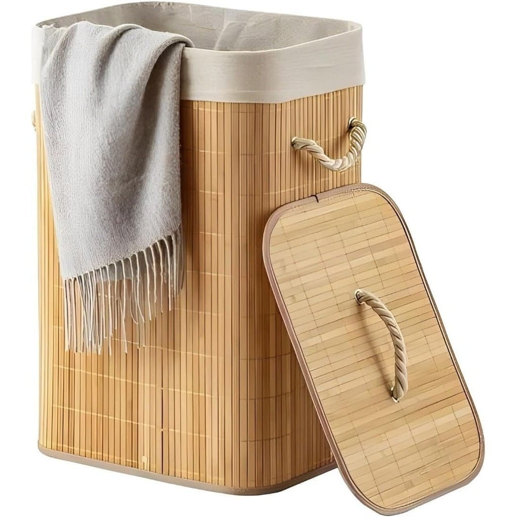 Cesto De Roupa Suja Bambu Dobravel - Organizador Forrado para Banheiro