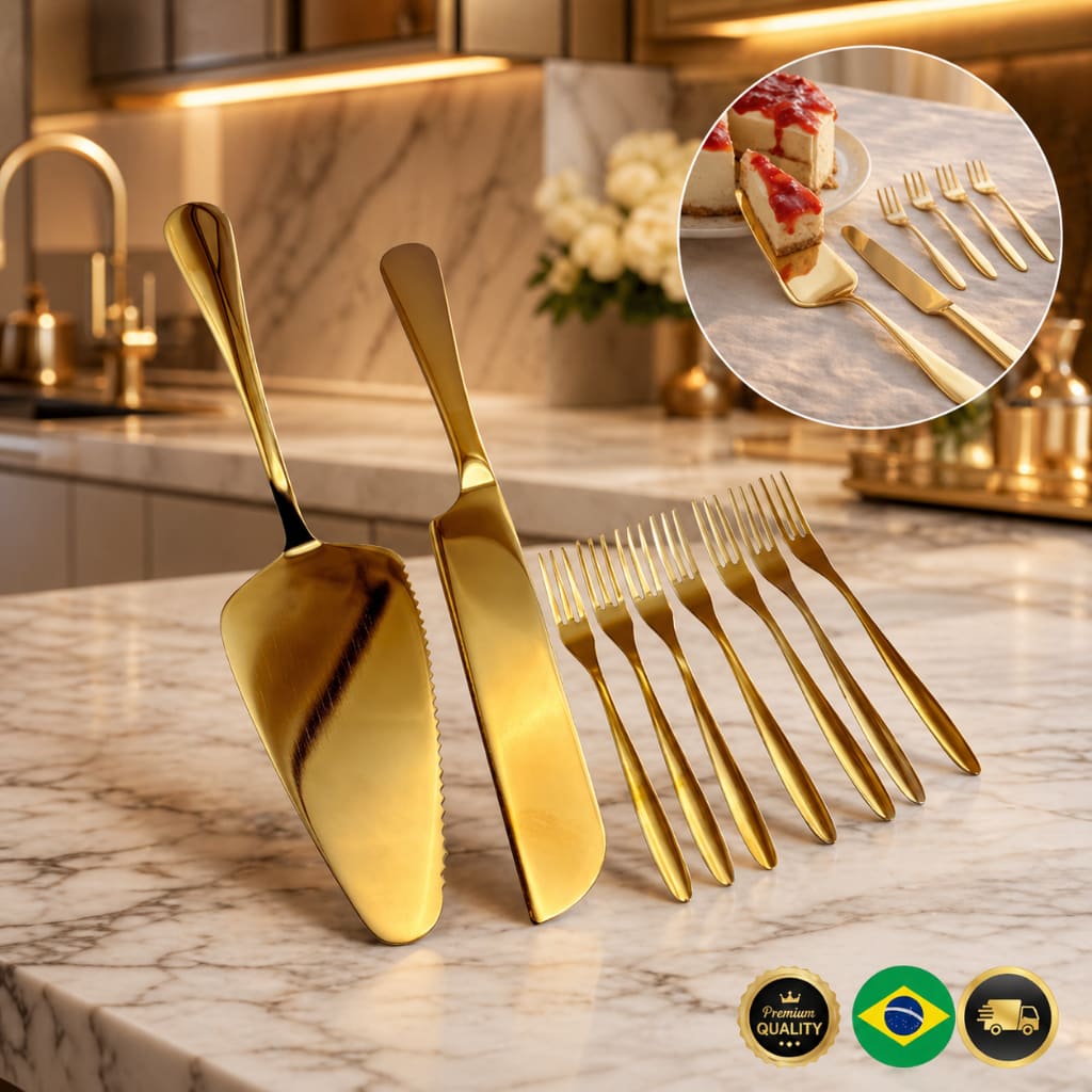 Jogo de Talheres Dourados Para Bolo e Sobremesa – 8 Peças Luxo Inox