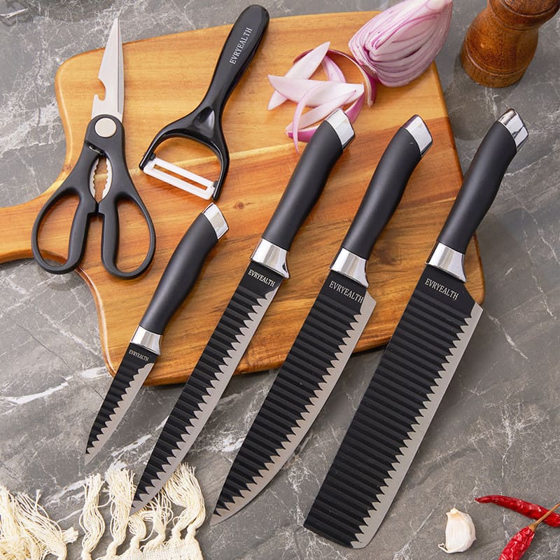 Kit de Conjunto Facas Coloridas/Pretos Tesoura Descascador Cozinha Gourmet 6 Peças